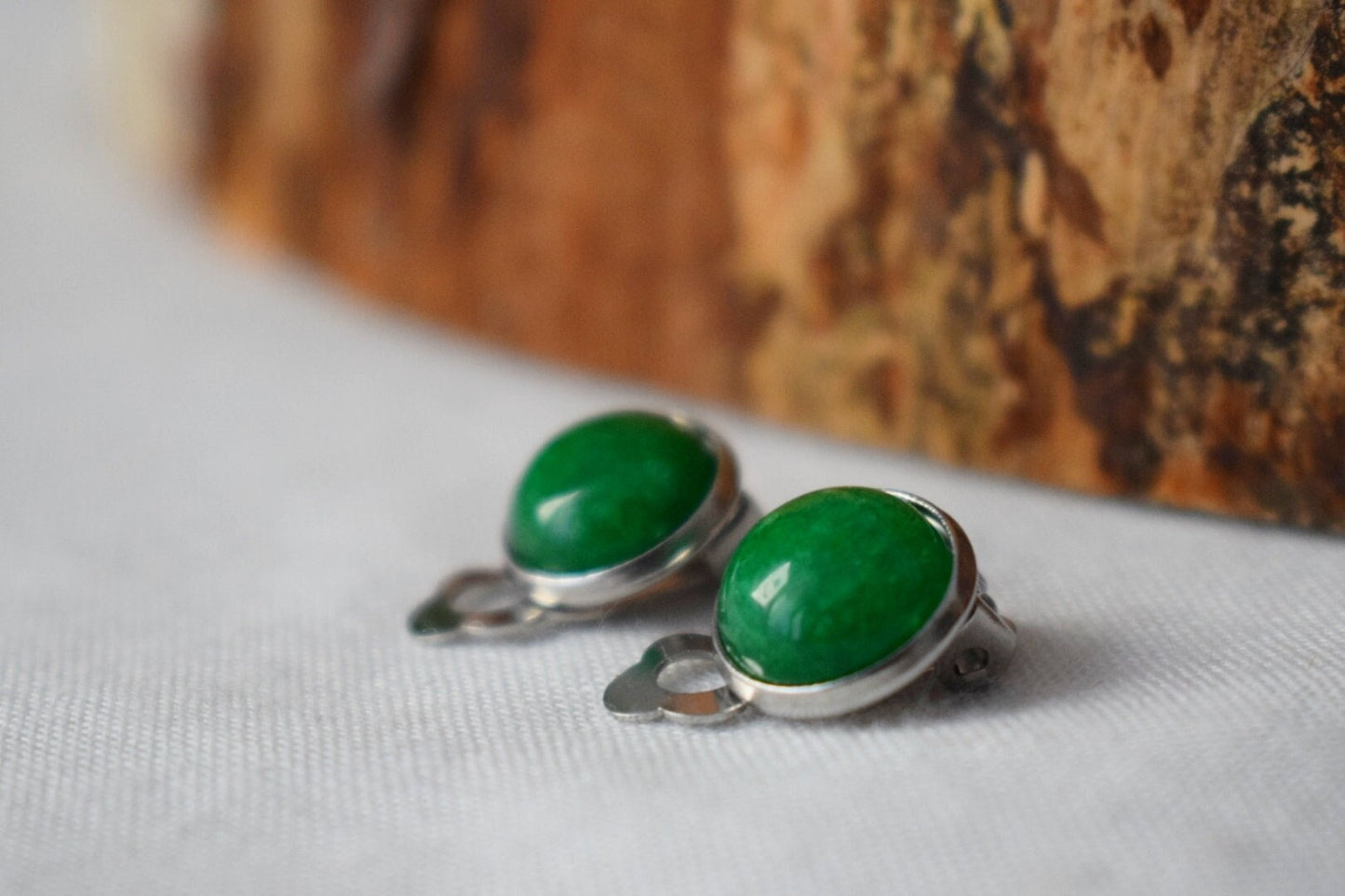 Green jade clip on earrings, 10mm Gemstone ear clips, Surgical stainless steel, Round no hole earrings, Non pierced earrings, Jewelry gift
