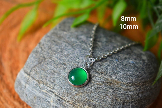 Green Agate Necklace: Gemstone Pendant, Minimalist Stainless Steel Jewelry
