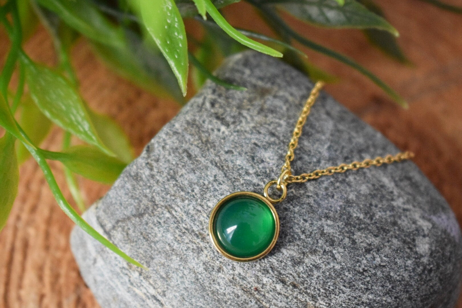 Green Agate Necklace: 18k Gold Plated Pendant, Minimalist Gemstone Jewelry