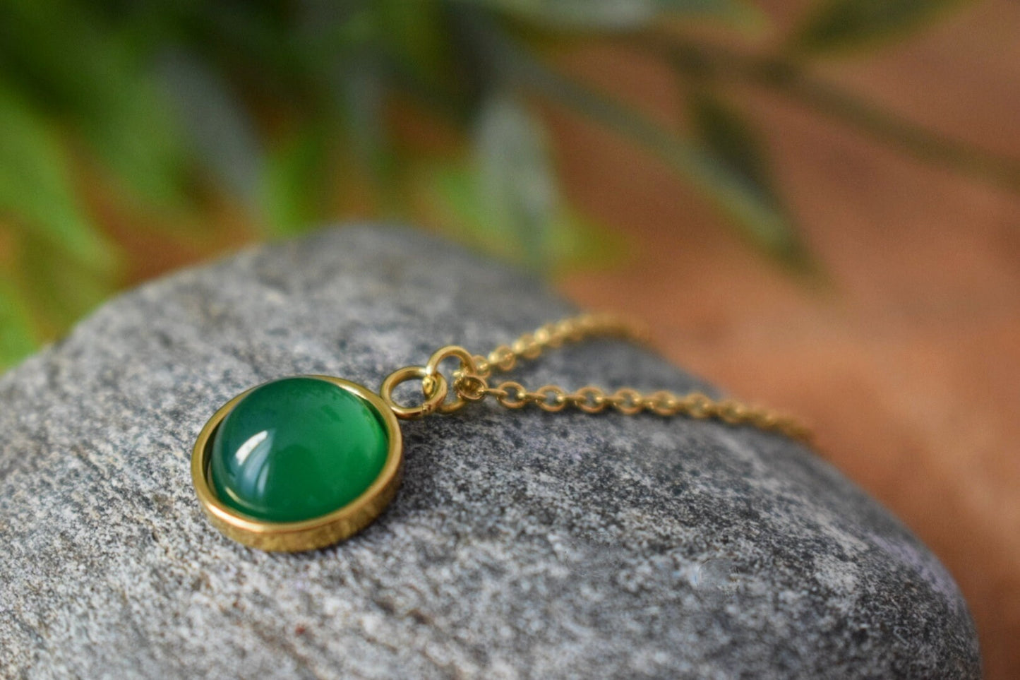 Green Agate Necklace: 18k Gold Plated Pendant, Minimalist Gemstone Jewelry