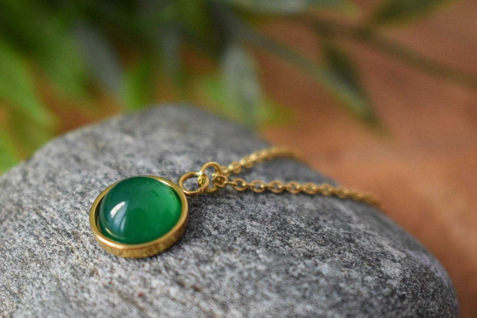 Green Agate Necklace: 18k Gold Plated Pendant, Minimalist Gemstone Jewelry