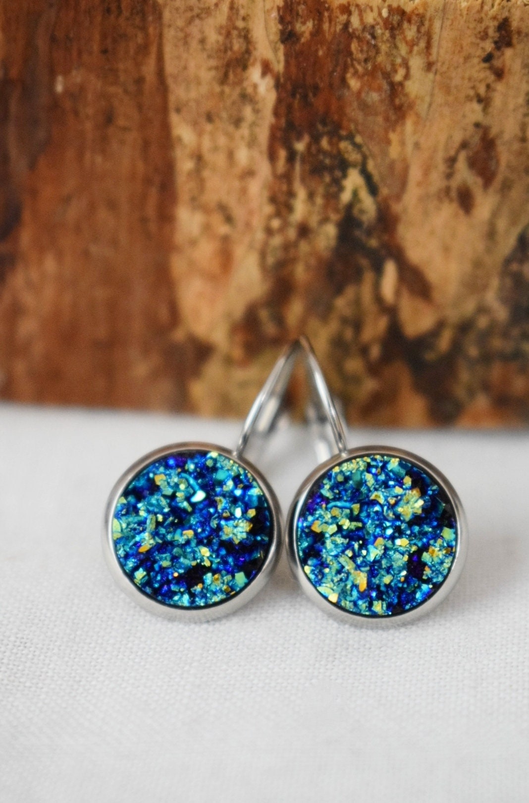 Blue Druzy Dangle Earrings: Stainless Steel Leverback, Faux Druzy Jewelry