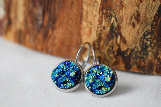 Blue Druzy Dangle Earrings: Stainless Steel Leverback, Faux Druzy Jewelry