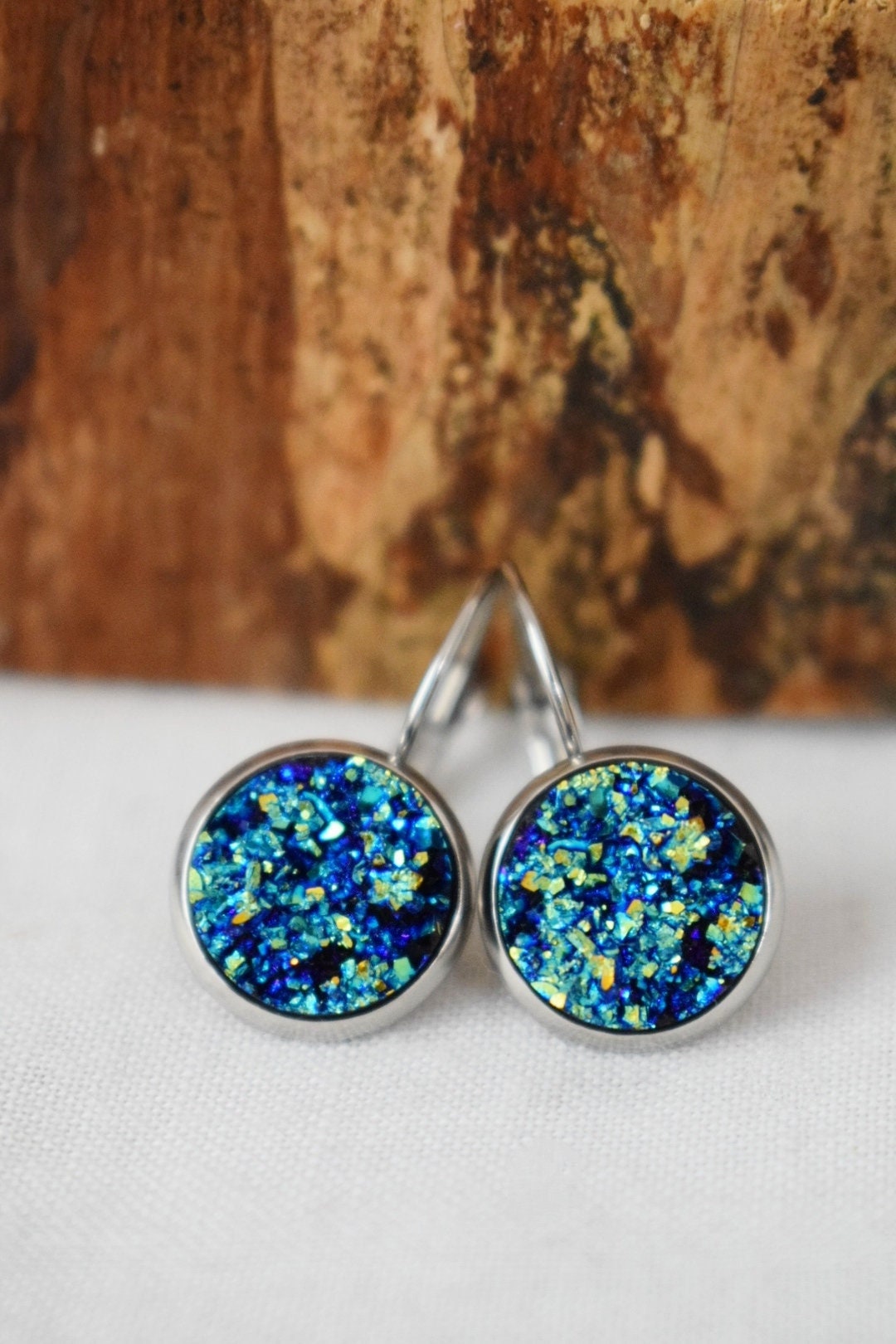 Blue Druzy Dangle Earrings: Stainless Steel Leverback, Faux Druzy Jewelry