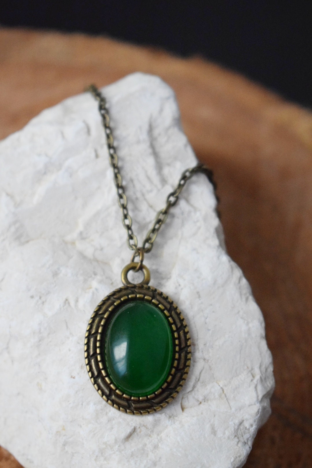 Vintage Bronze Green Jade Pendant Necklace, Oval Gemstone, Boho Jewelry