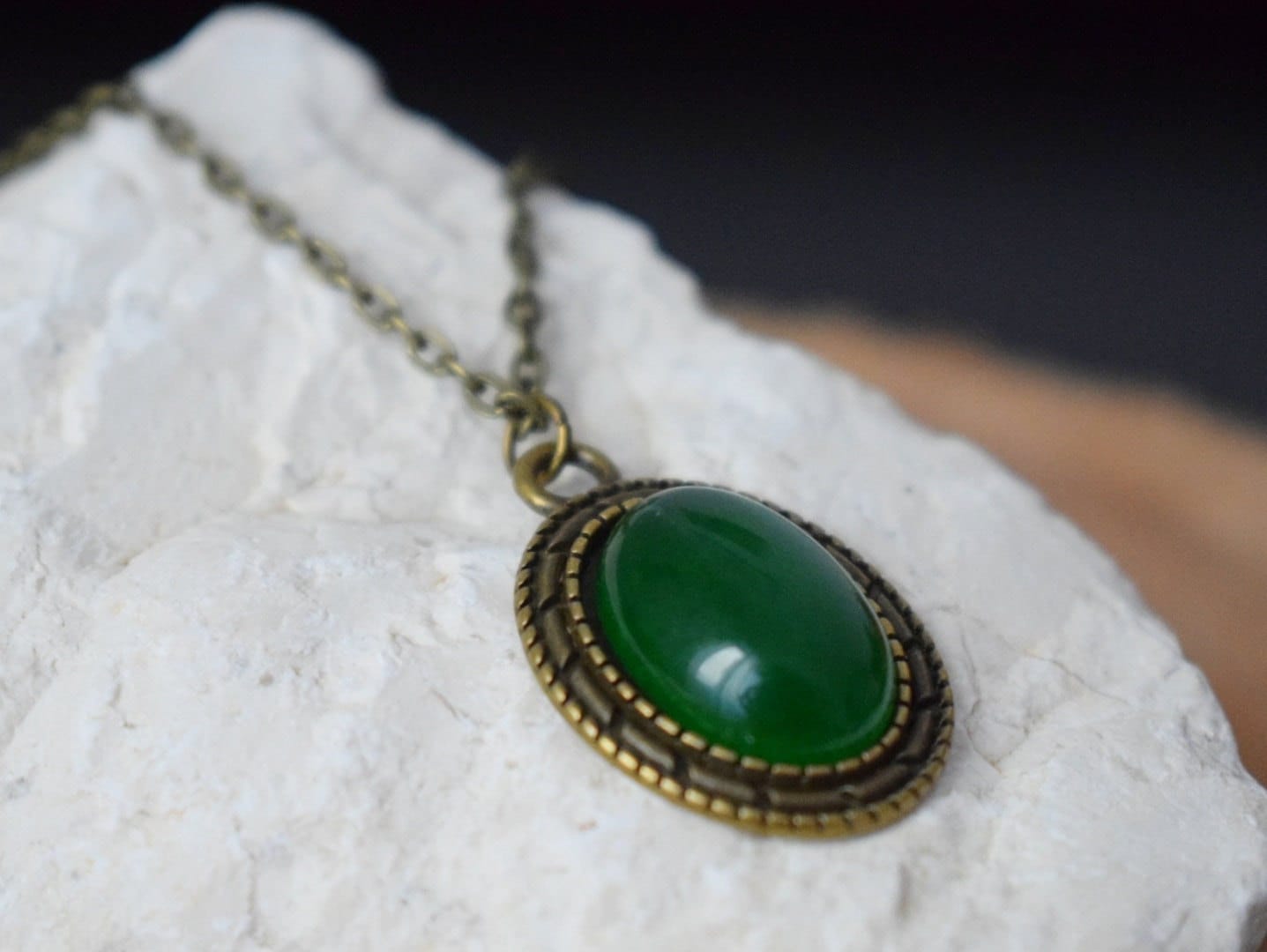Vintage Bronze Green Jade Pendant Necklace, Oval Gemstone, Boho Jewelry