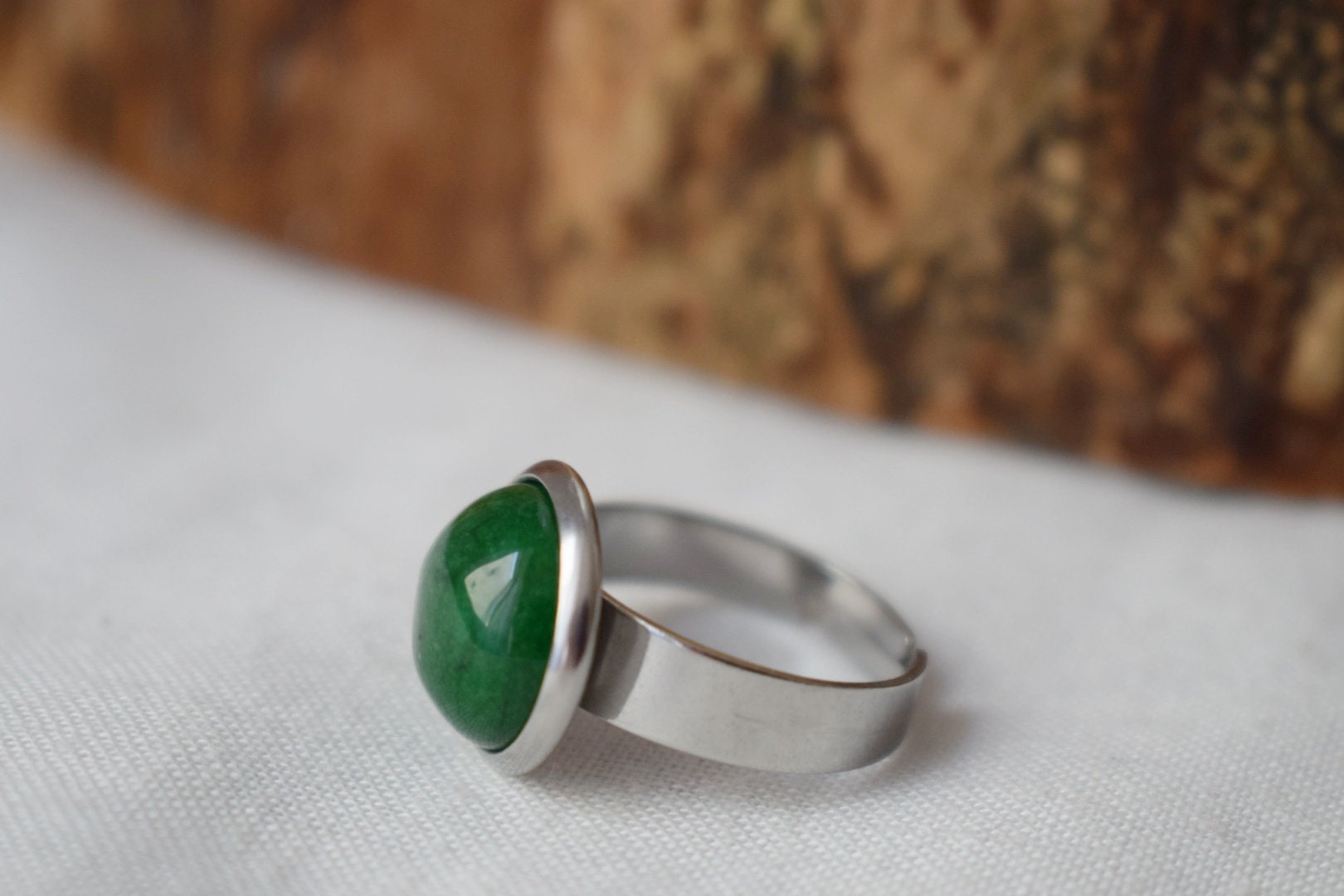Green Jade Ring: Stainless Steel Adjustable Statement Jewelry