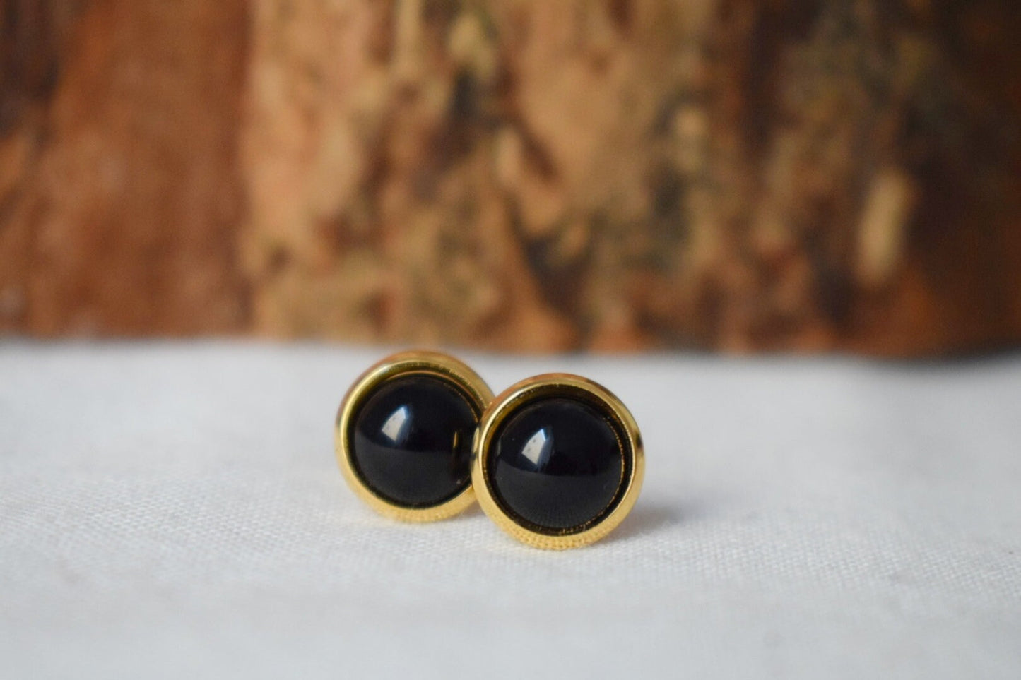 Black Agate Stud Earrings: 18k Gold Plated Stainless Steel, Gemstone Jewellery, Gift for her