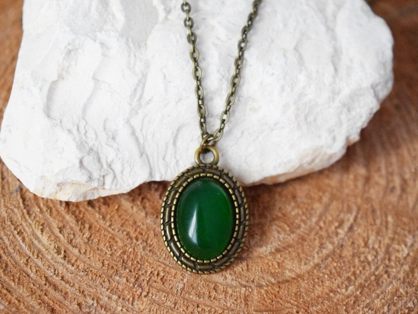 Vintage Bronze Green Jade Pendant Necklace, Oval Gemstone, Boho Jewelry