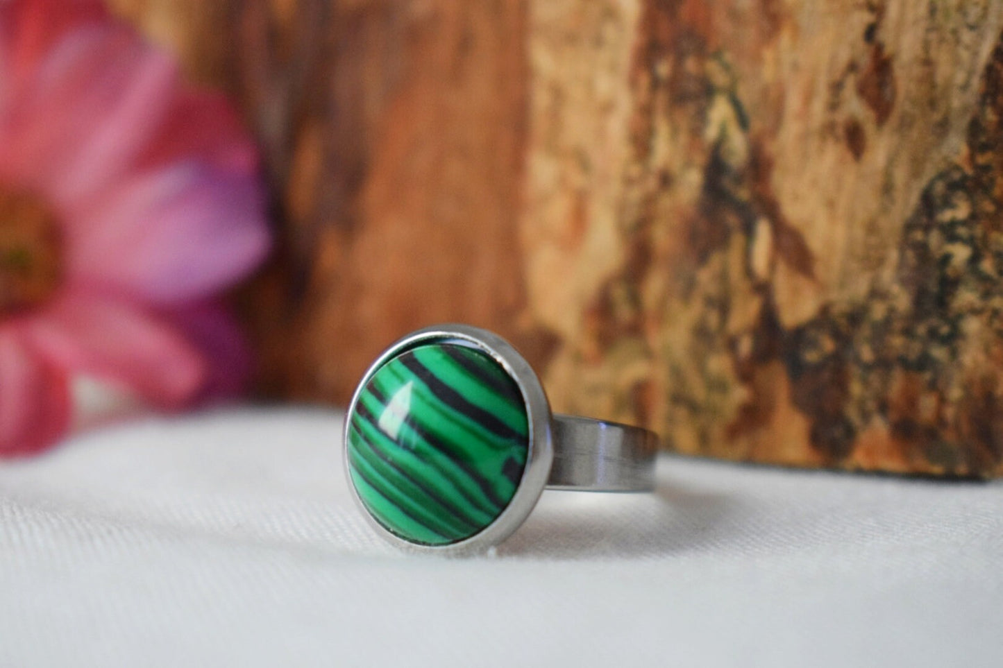 Malachite Ring: Round Green Gemstone, Stainless Steel Adjustable Ring Jewelry