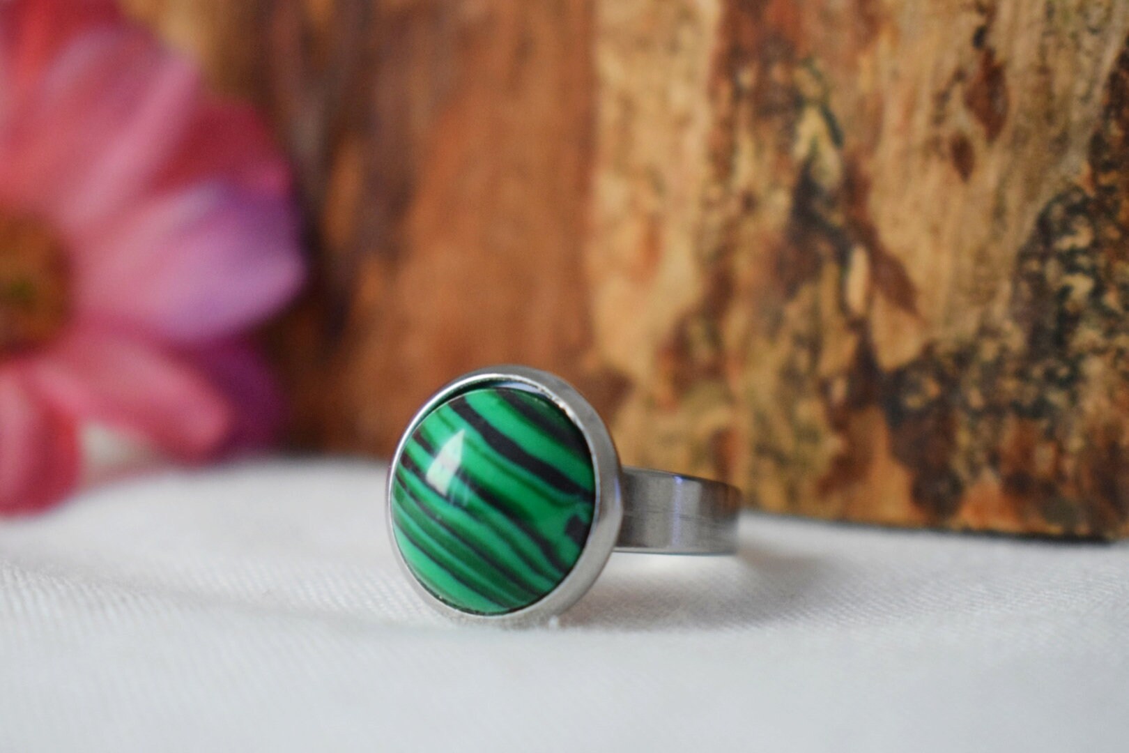 Malachite Ring: Round Green Gemstone, Stainless Steel Adjustable Ring Jewelry