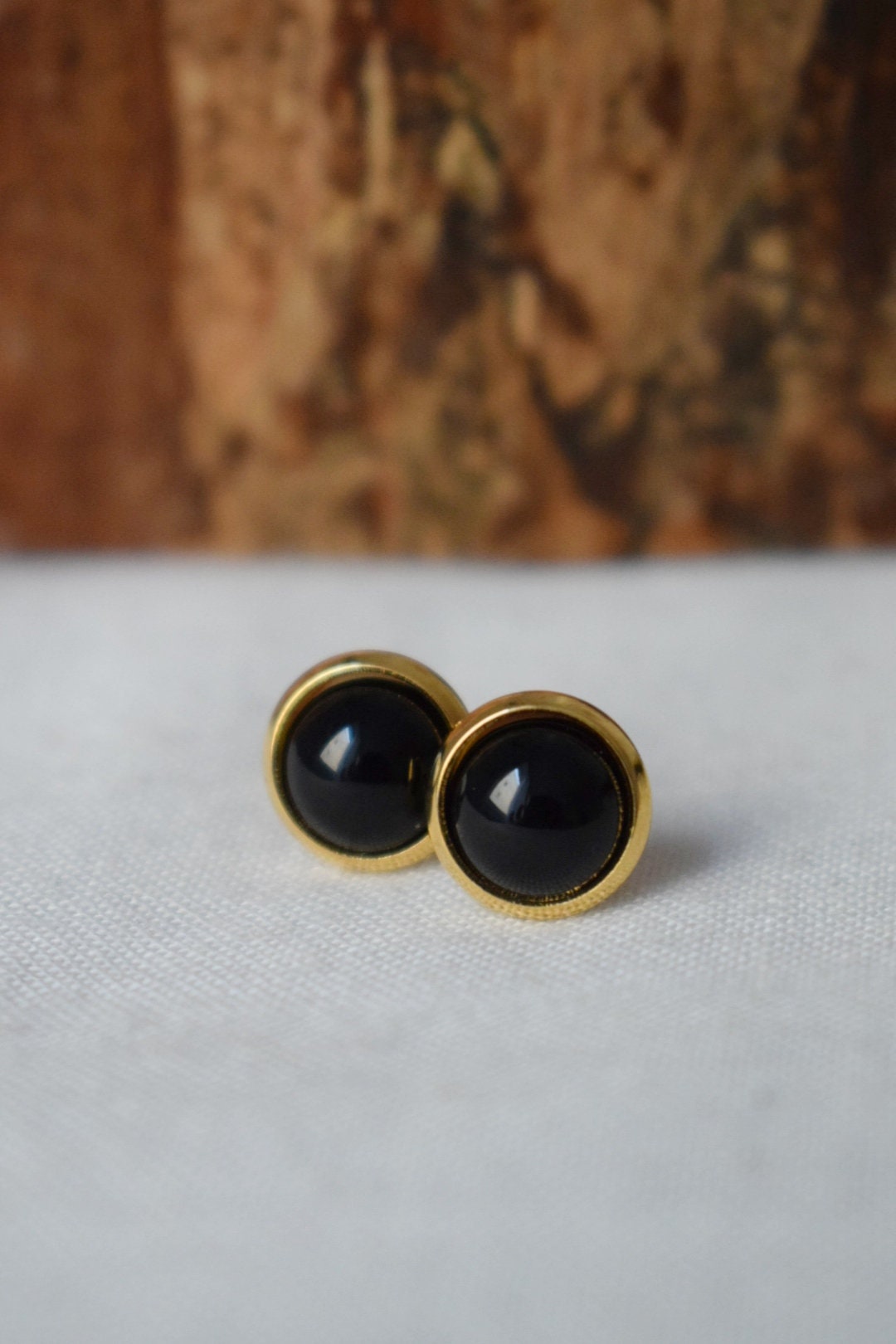 Black Agate Stud Earrings: 18k Gold Plated Stainless Steel, Gemstone Jewellery, Gift for her