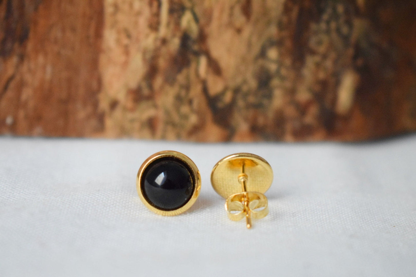 Black Agate Stud Earrings: 18k Gold Plated Stainless Steel, Gemstone Jewellery, Gift for her