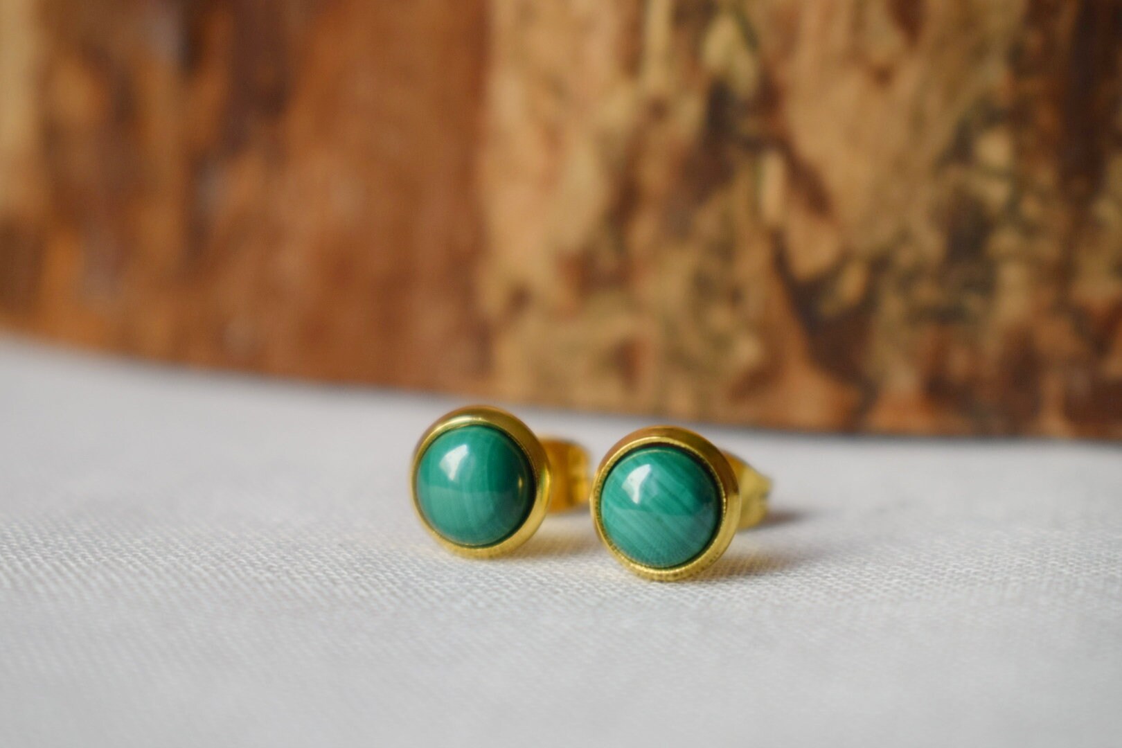 Mini Malachite Stud Earrings: Natural stone, 18k Gold Plated, Green Gemstone Jewelry