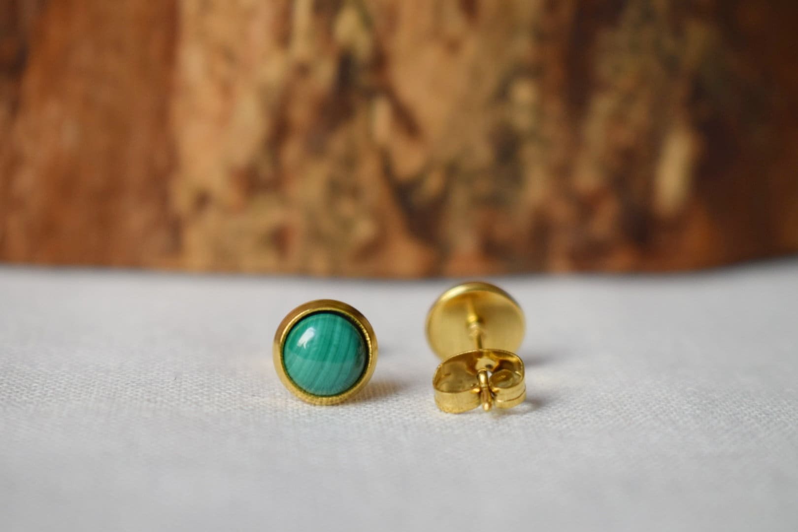 Mini Malachite Stud Earrings: Natural stone, 18k Gold Plated, Green Gemstone Jewelry