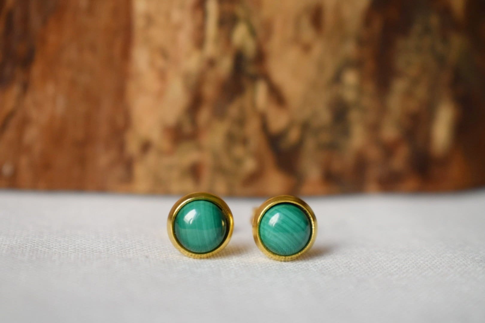 Mini Malachite Stud Earrings: Natural stone, 18k Gold Plated, Green Gemstone Jewelry