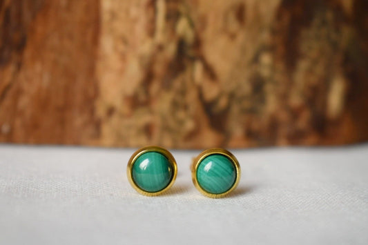 Mini Malachite Stud Earrings: Natural stone, 18k Gold Plated, Green Gemstone Jewelry