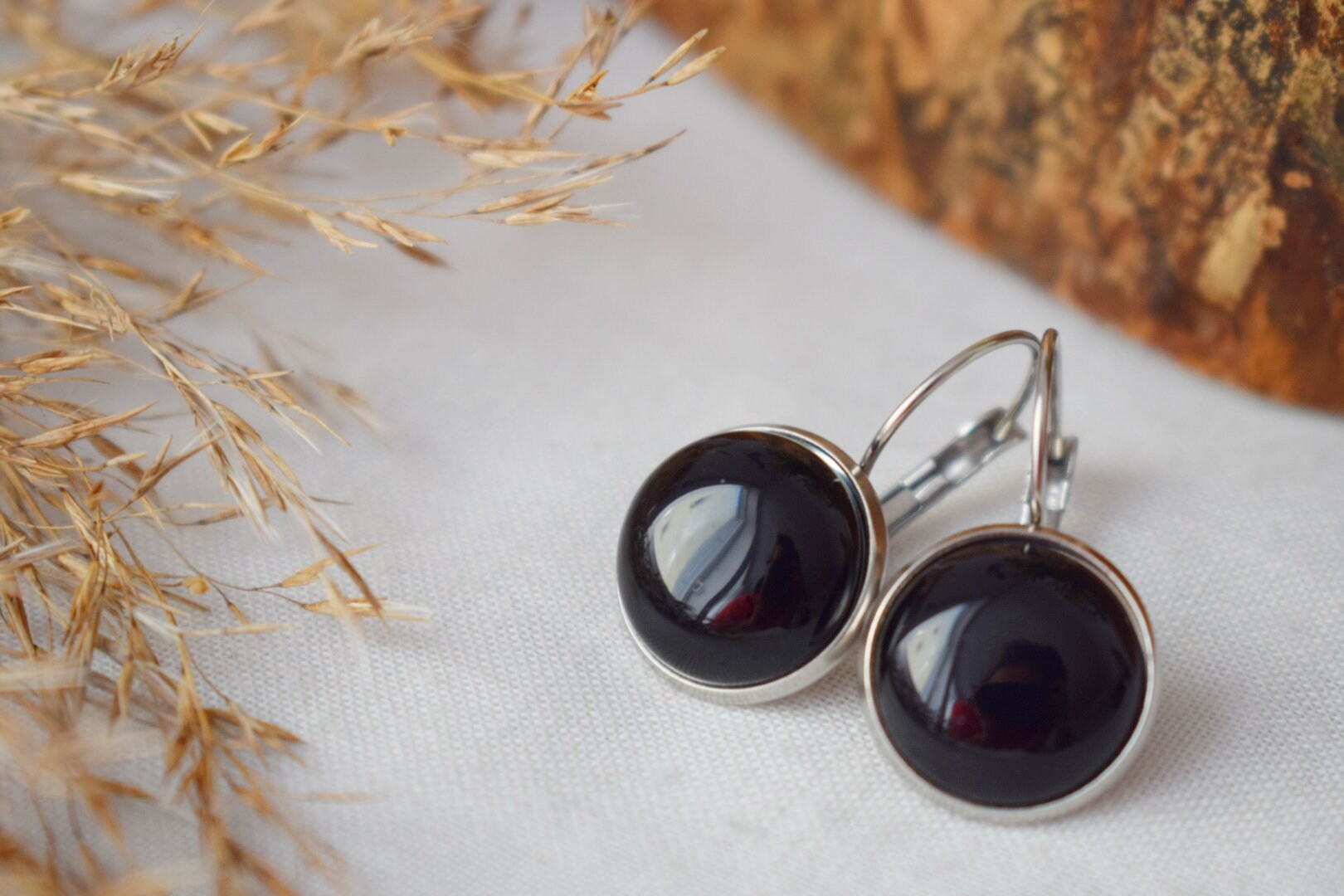 Black Agate Dangle Earrings, Stainless Steel Lever Back Jewelry