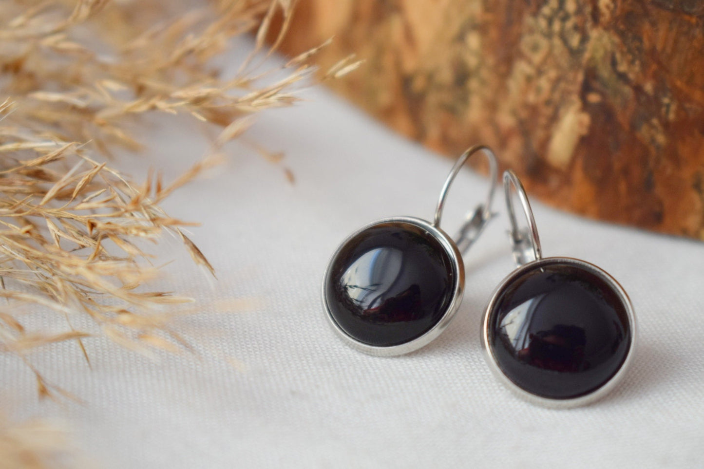 Black Agate Dangle Earrings, Stainless Steel Lever Back Jewelry
