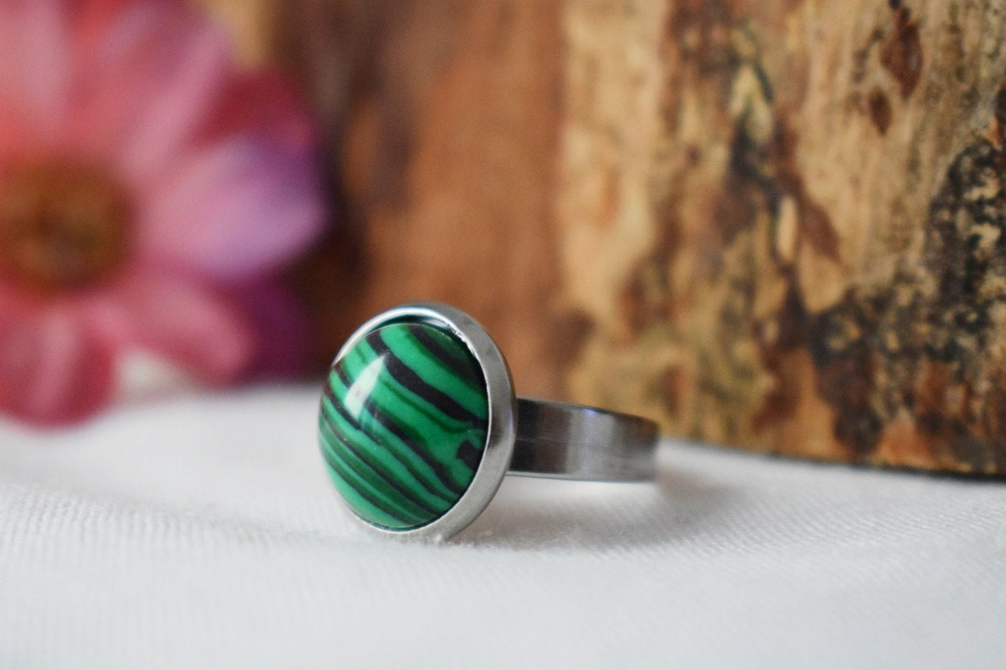 Malachite Ring: Round Green Gemstone, Stainless Steel Adjustable Ring Jewelry