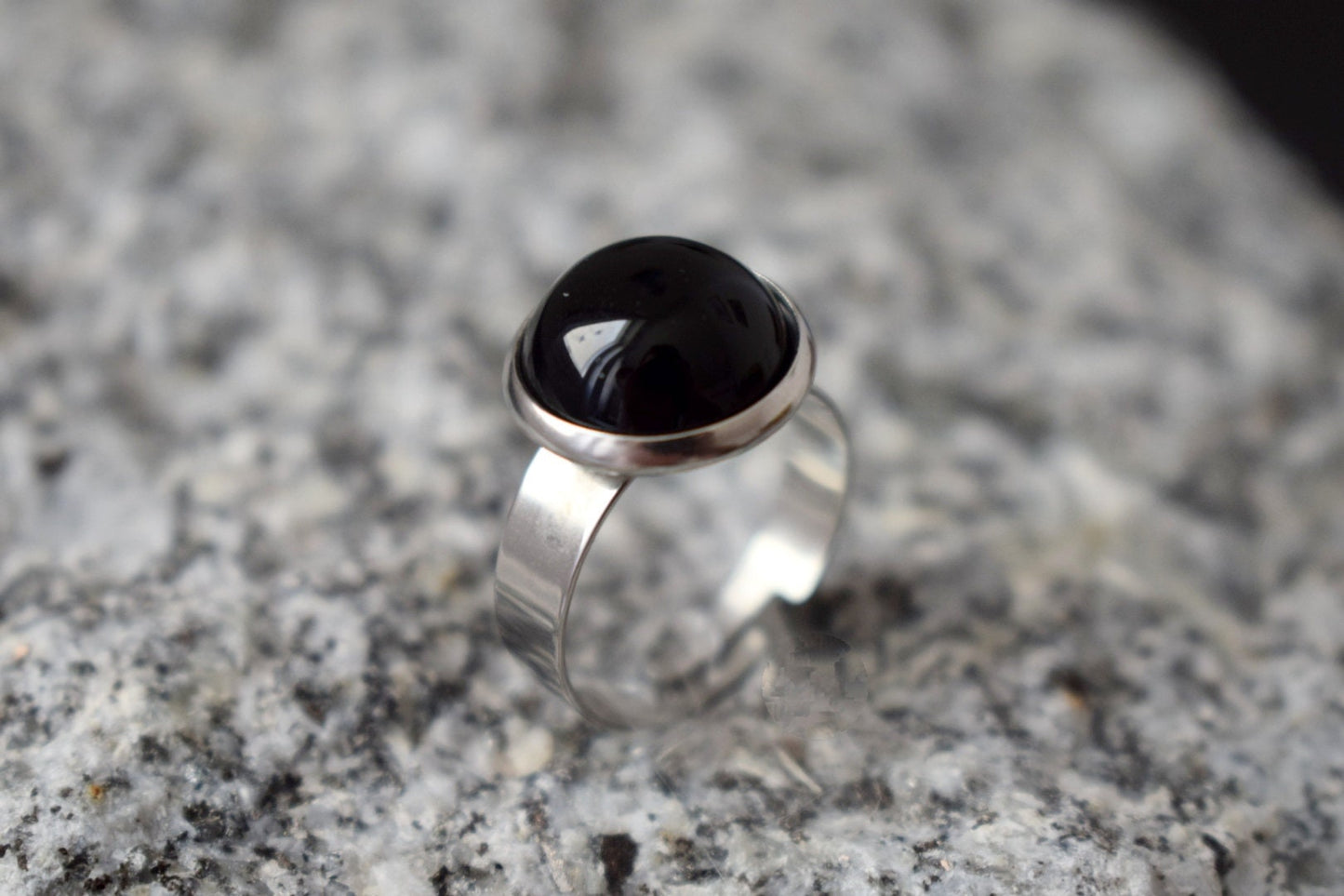 Black Agate Ring: Adjustable Stainless Steel Boho Jewelry