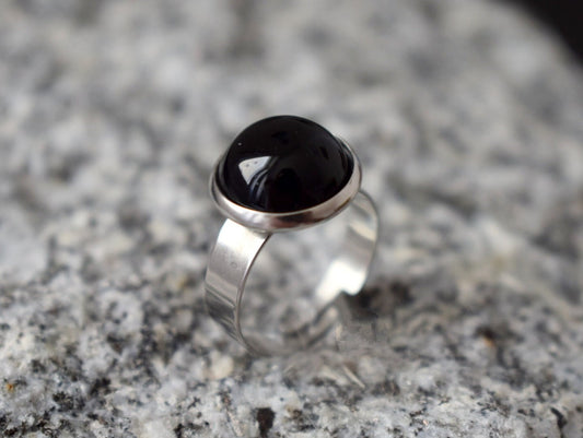 Black Agate Ring: Adjustable Stainless Steel Boho Jewelry