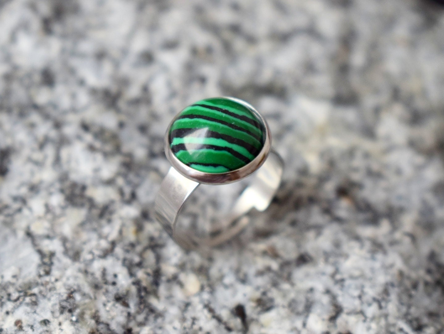 Malachite Ring: Round Green Gemstone, Stainless Steel Adjustable Ring Jewelry