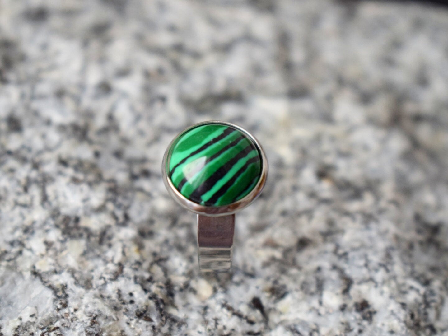 Malachite Ring: Round Green Gemstone, Stainless Steel Adjustable Ring Jewelry