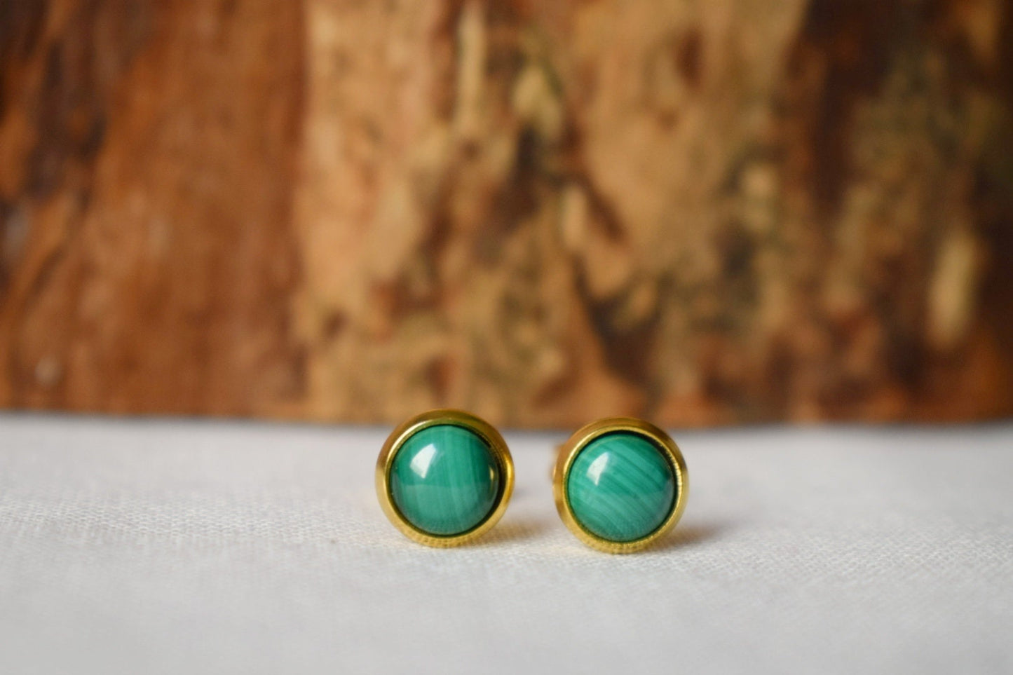 Mini Malachite Stud Earrings: Natural stone, 18k Gold Plated, Green Gemstone Jewelry