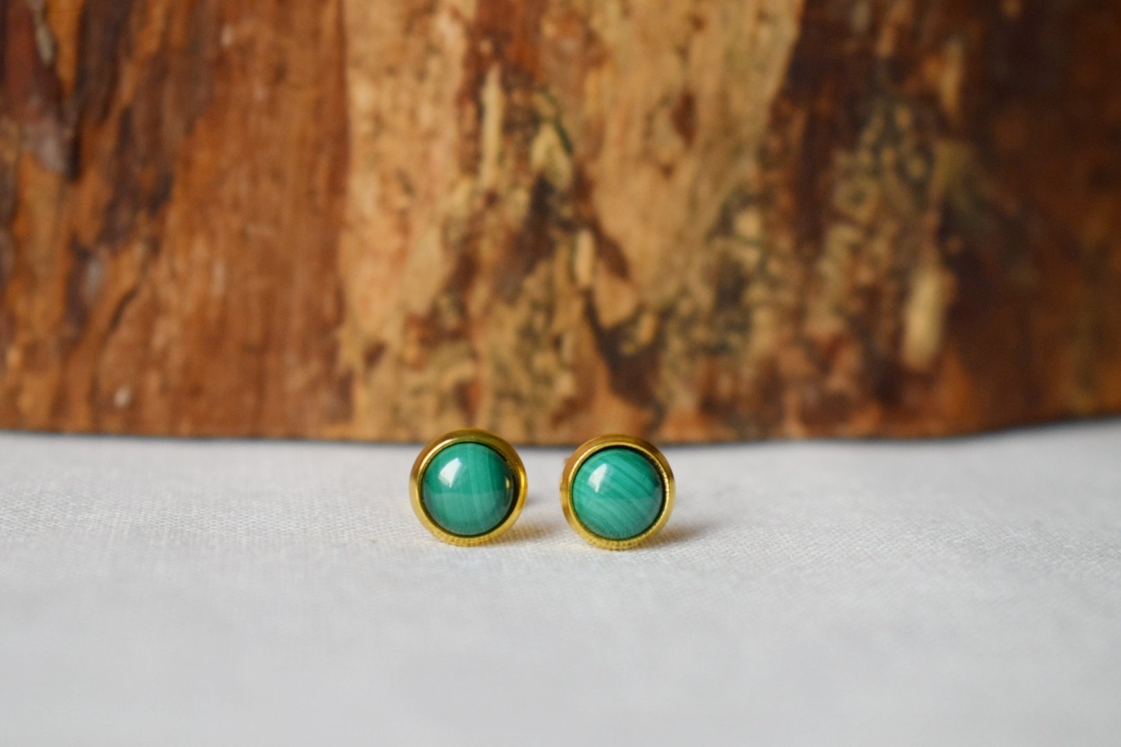 Mini Malachite Stud Earrings: Natural stone, 18k Gold Plated, Green Gemstone Jewelry