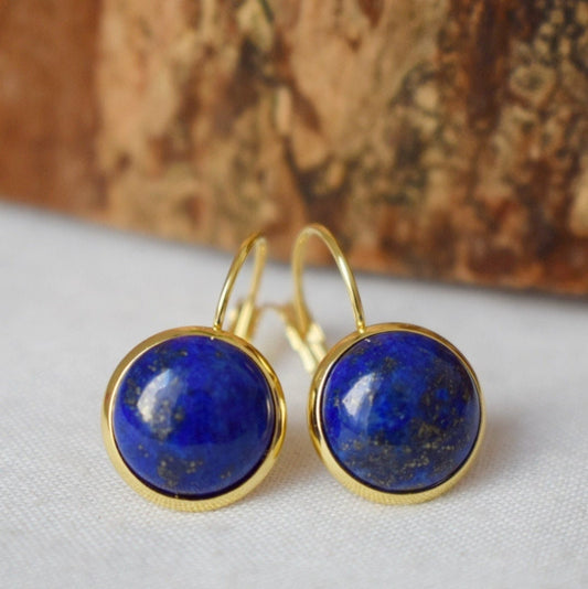 Lapislazuli-Goldohrringe, Blaue Lapisohrringe, Lever-Back-Ohrringe, rund, 12 mm, September-Geburtsstein-Schmuck, Lapis, Geschenk für Sie