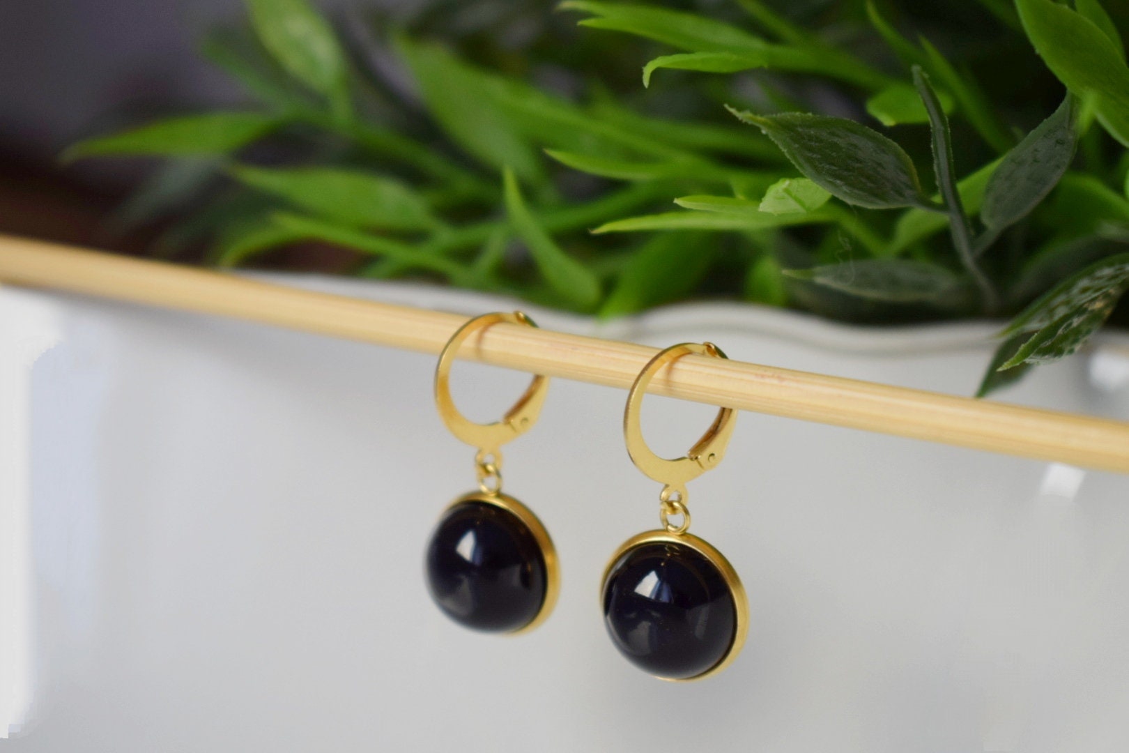 Black Agate Earrings: 24k Gold Plated Hoops, Dangle Gemstone Jewellery, Gift For Her