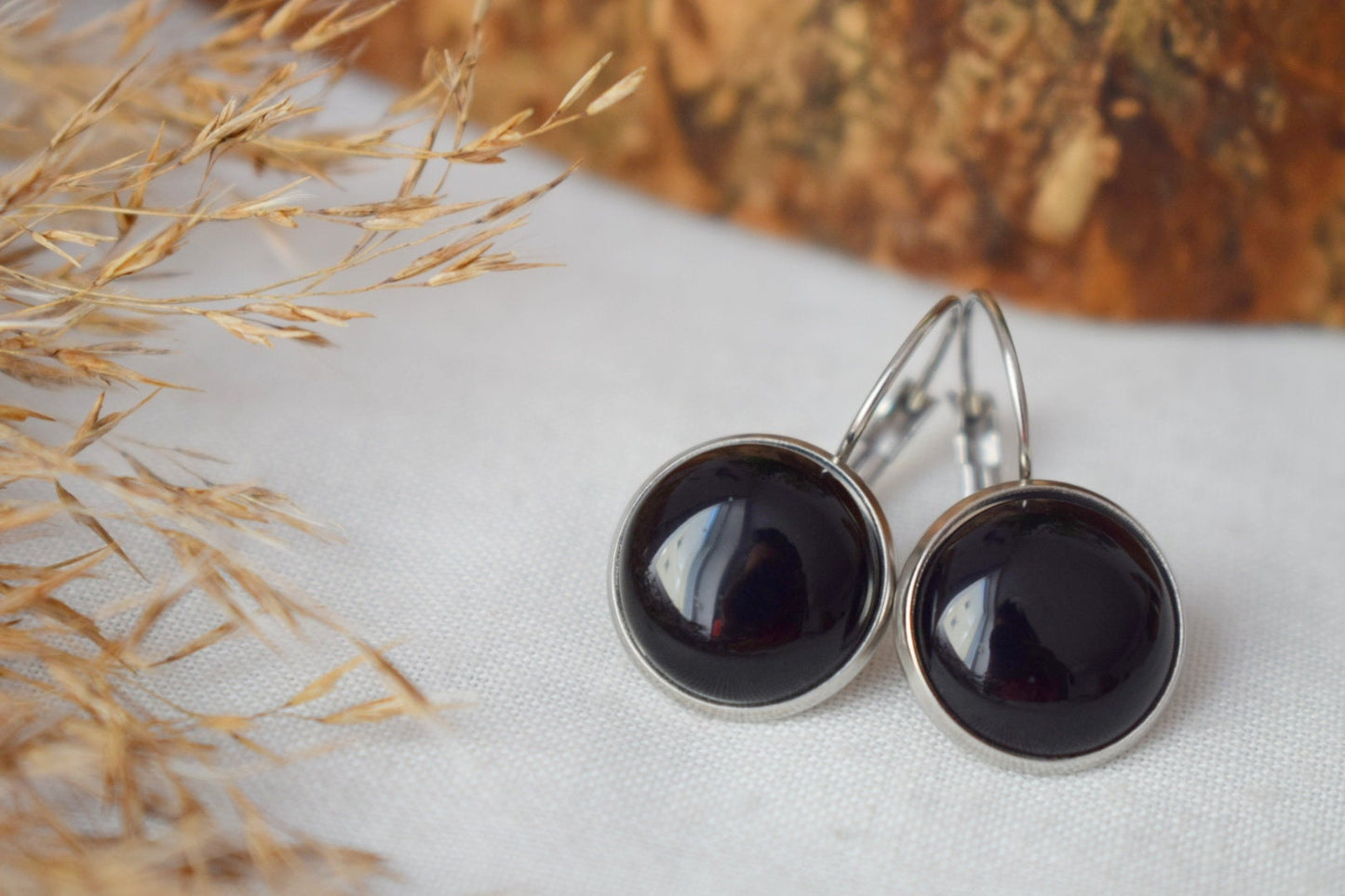 Black Agate Dangle Earrings, Stainless Steel Lever Back Jewelry