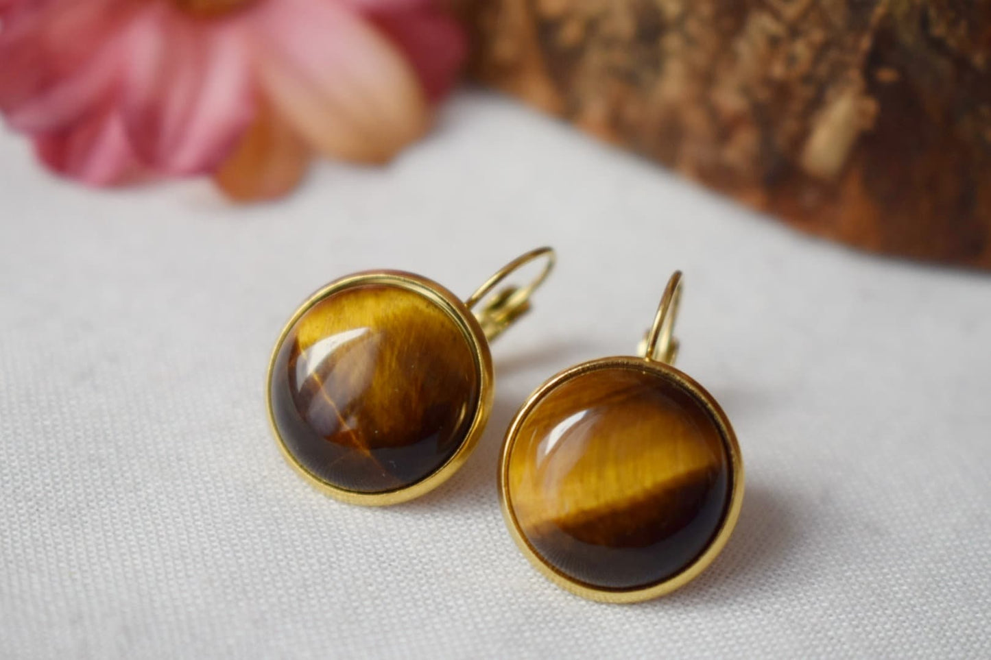 Tigerauge-Ohrringe für Frauen, 12 mm, Tigerauge-Edelstein, Goldbraun, Leverback, Chakra, Heilstein, Tigerauge-Schmuckgeschenk für Sie