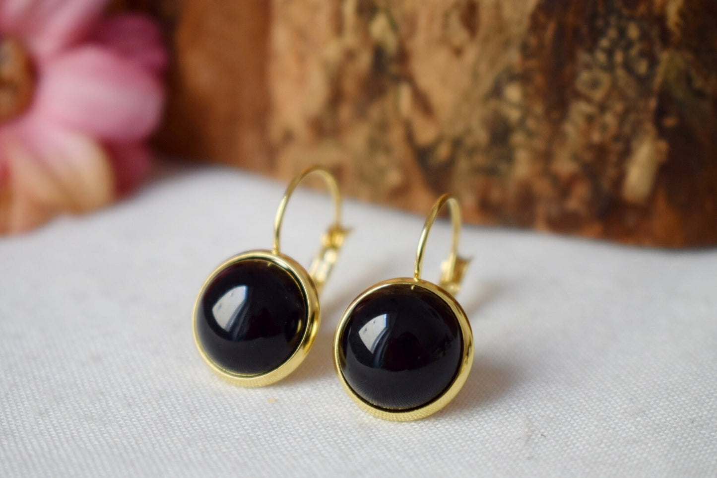 Black agate dangle earrings, 18k gold plated Gemstone jewellery