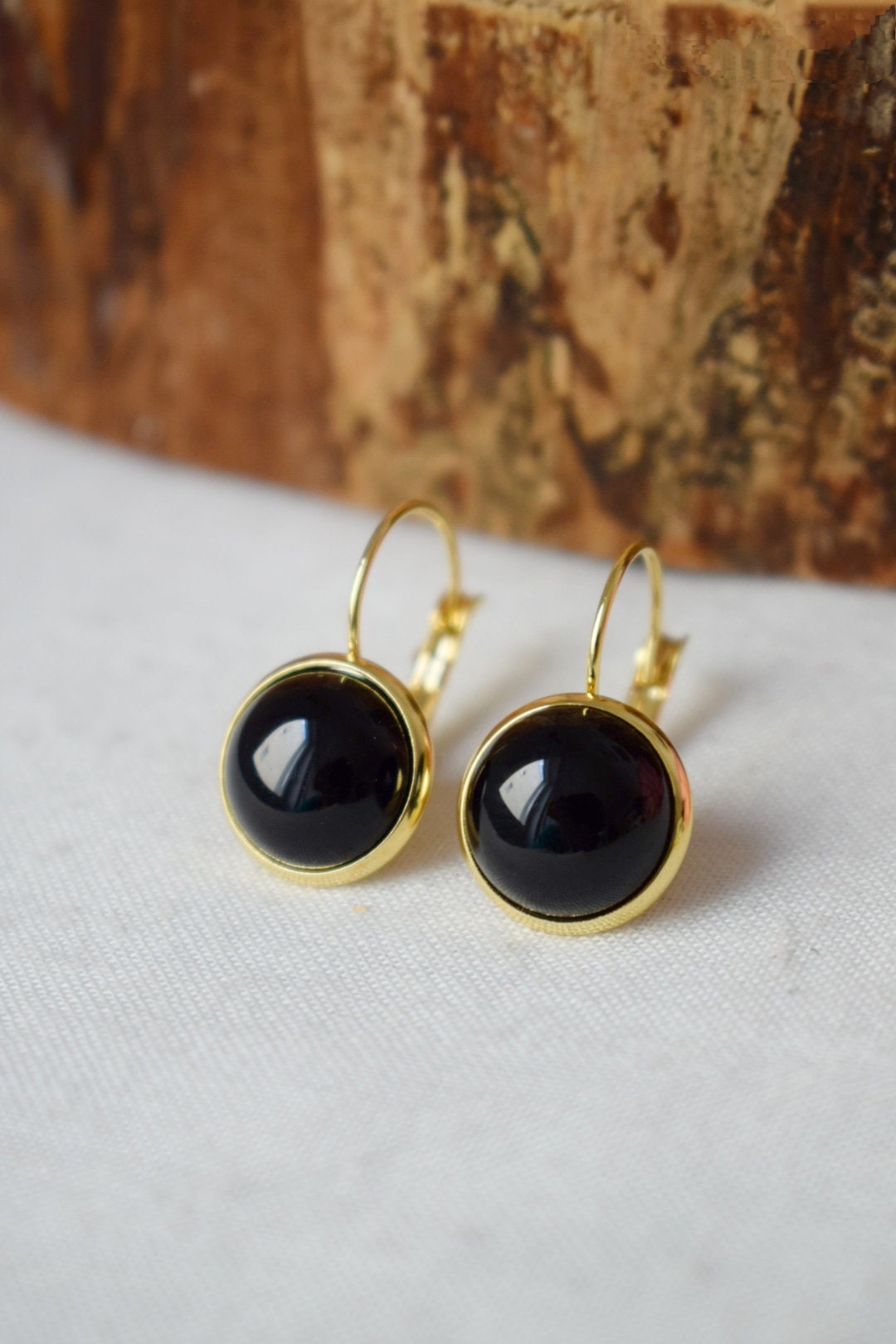 Black agate dangle earrings, 18k gold plated Gemstone jewellery