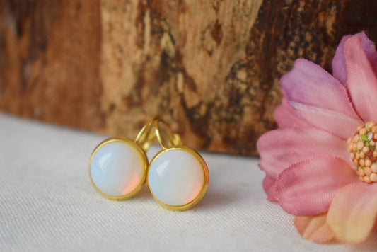 Opalith Mondstein Ohrringe, Regenbogen Edelstein Ohrhänger, 18k vergoldeter Edelstahl, Brautjungfern Schmuck, Geschenk für Sie