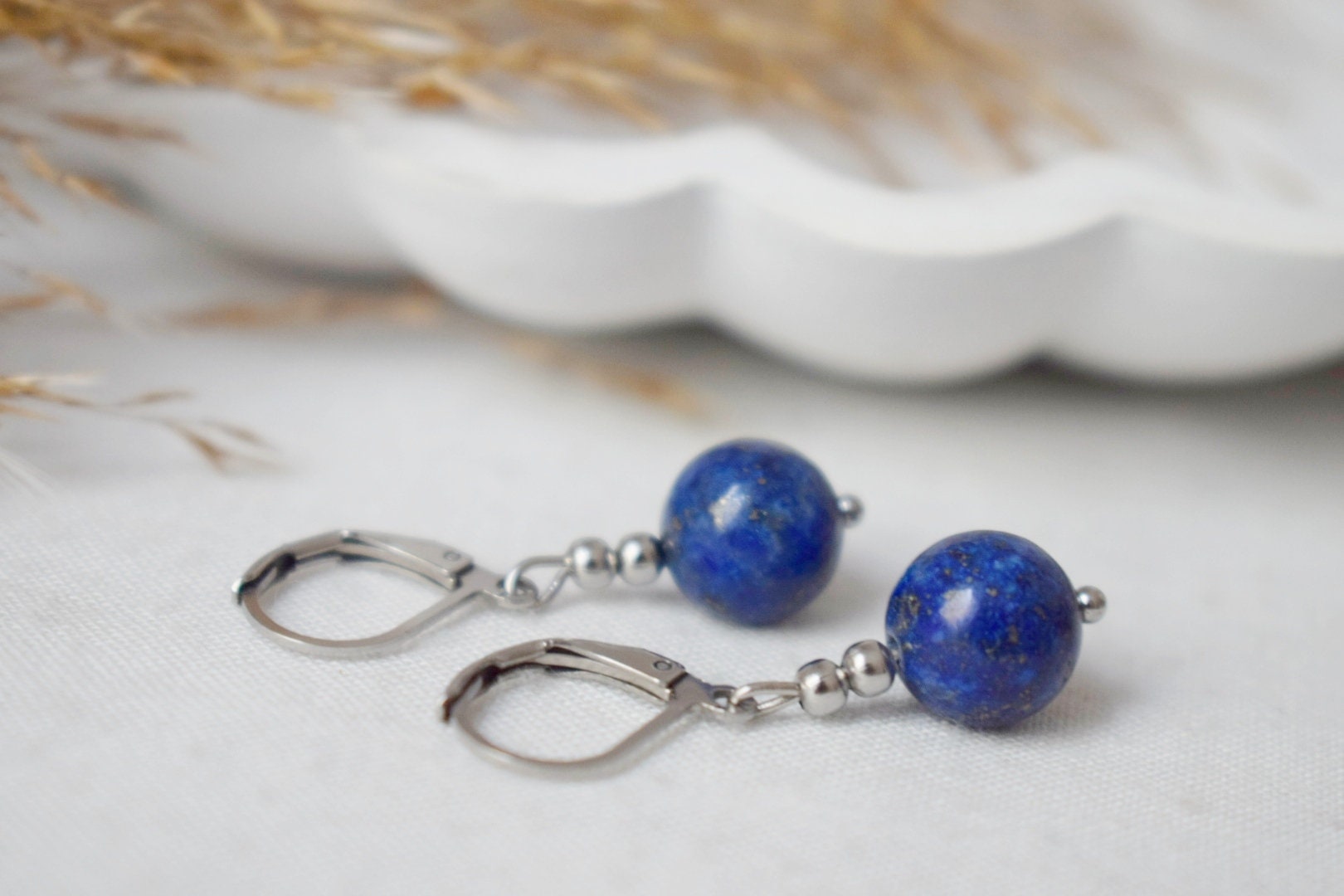 Lapis Lazuli Earrings, Stainless Steel Lever Back Hoops, September Birthstone Jewelry