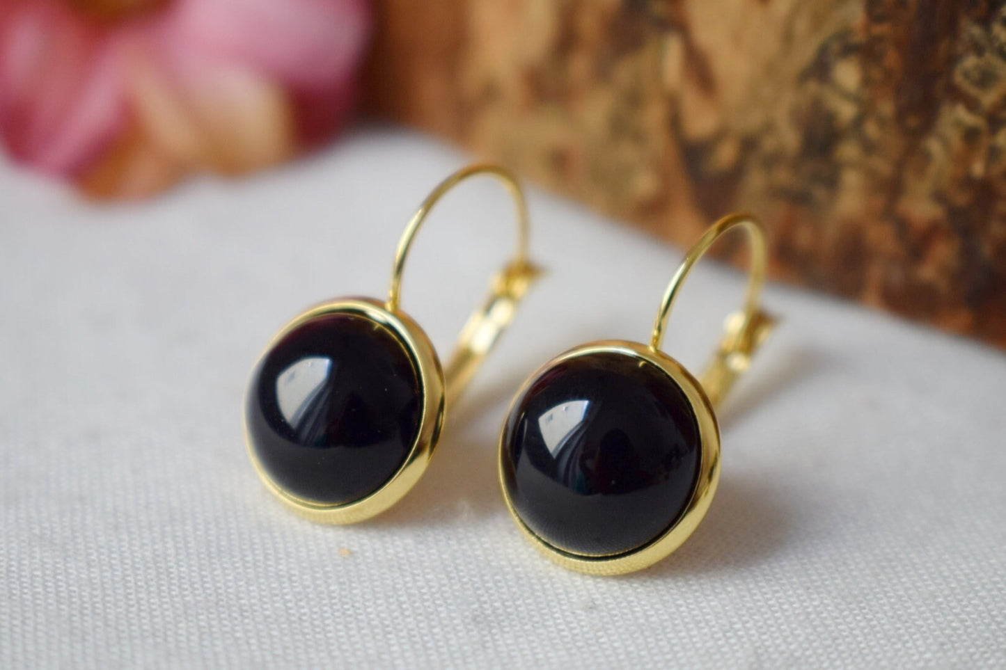 Black agate dangle earrings, 18k gold plated Gemstone jewellery