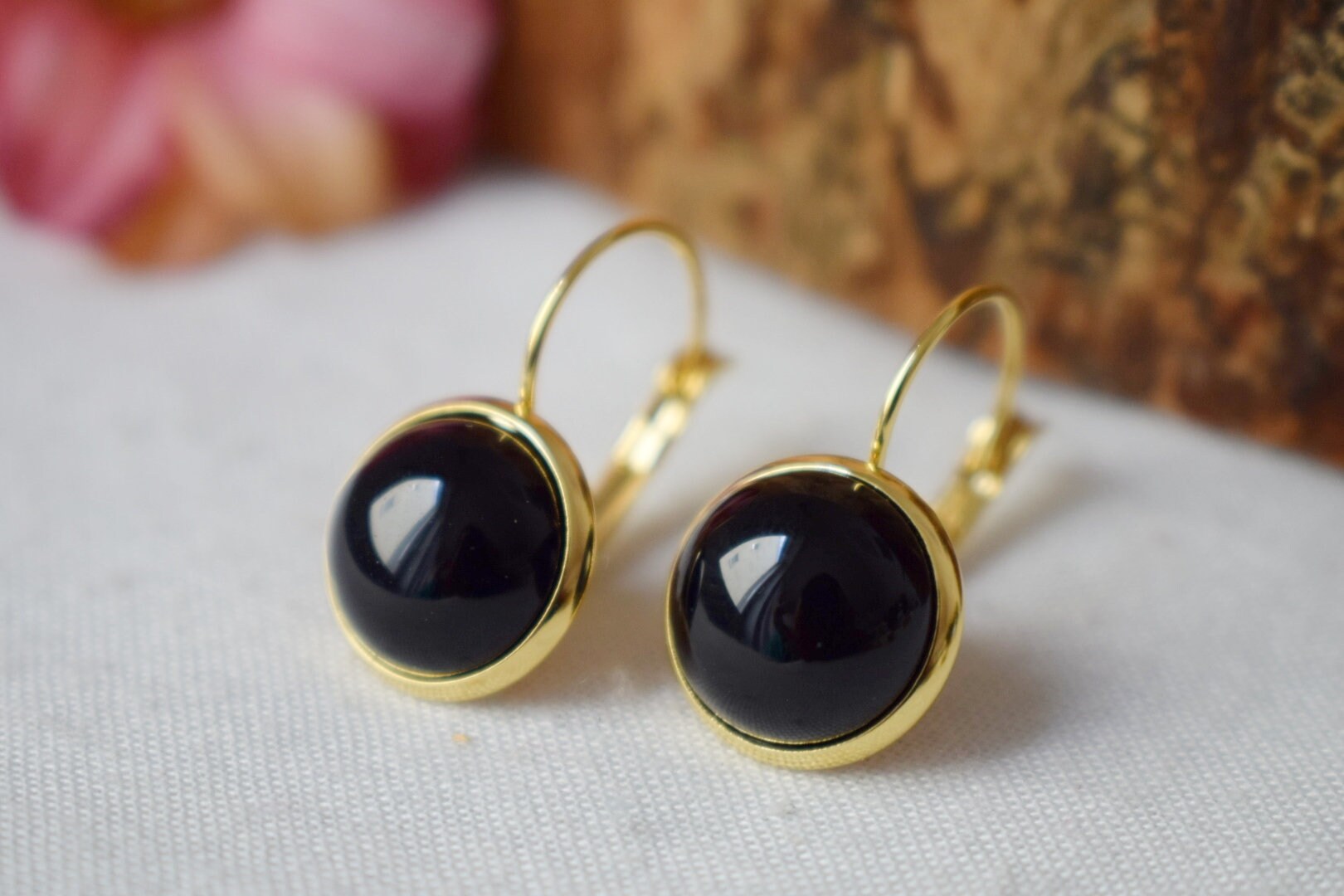Black agate dangle earrings, 18k gold plated Gemstone jewellery