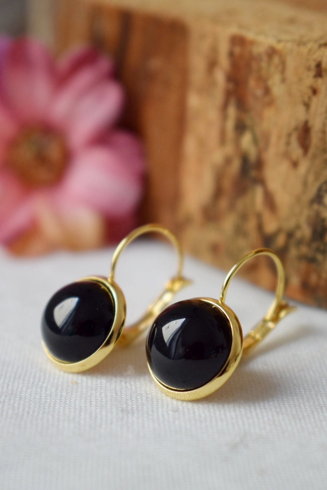 Black agate dangle earrings, 18k gold plated Gemstone jewellery