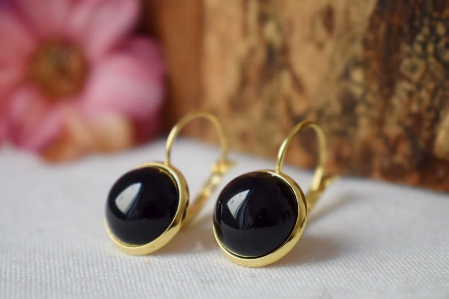 Black agate dangle earrings, 18k gold plated Gemstone jewellery