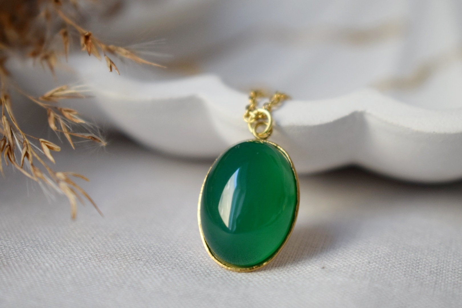 Green Agate Necklace: Gold Oval Gemstone Pendant, Handmade Jewelry