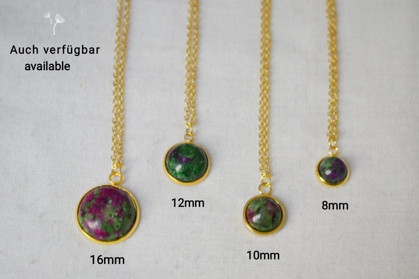 Kleine Rubin-in-Zoisit-Goldohrringe, Edelstein-Ohrhänger, Hebelverschluss, Stein, Grün, Rosa, 8 mm, rund, Rubinfuchsit, Hängeohrringe