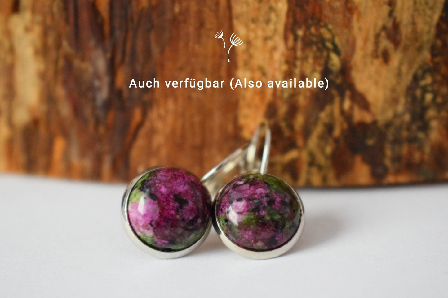 Kleine Rubin-in-Zoisit-Goldohrringe, Edelstein-Ohrhänger, Hebelverschluss, Stein, Grün, Rosa, 8 mm, rund, Rubinfuchsit, Hängeohrringe