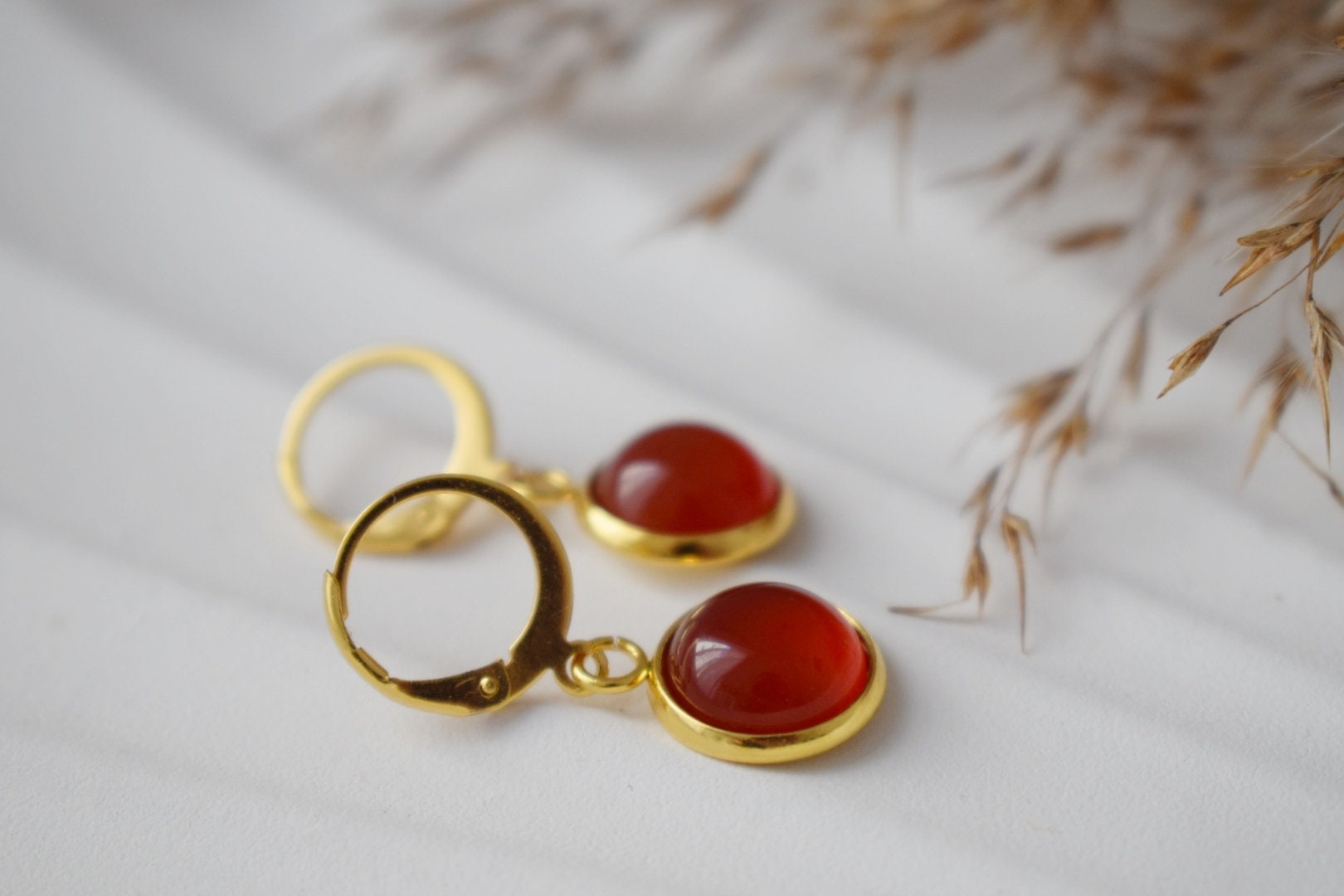 Red Agate Dangle Earrings, 24k Gold Plated Huggie Hoops