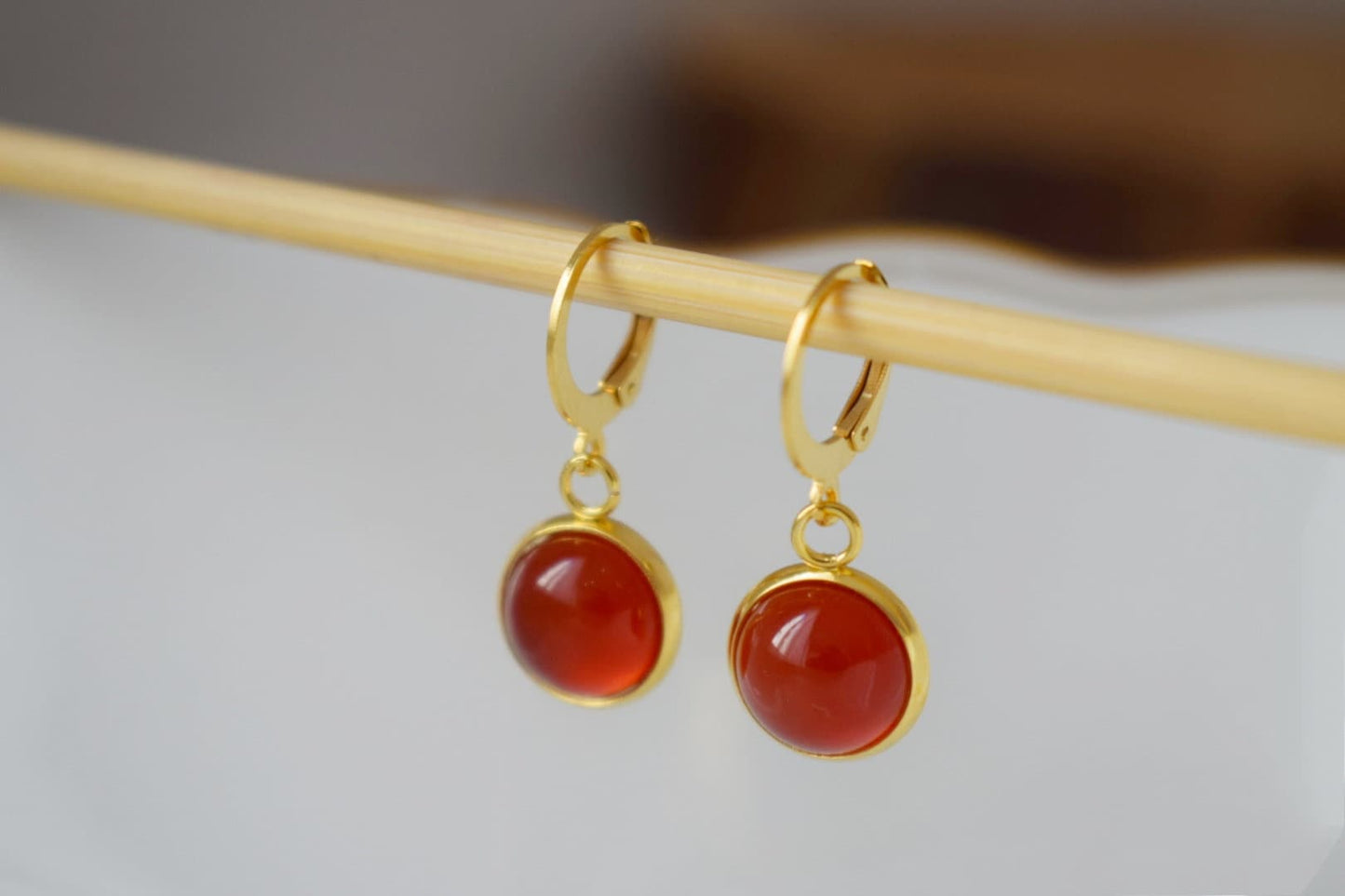 Red Agate Dangle Earrings, 24k Gold Plated Huggie Hoops