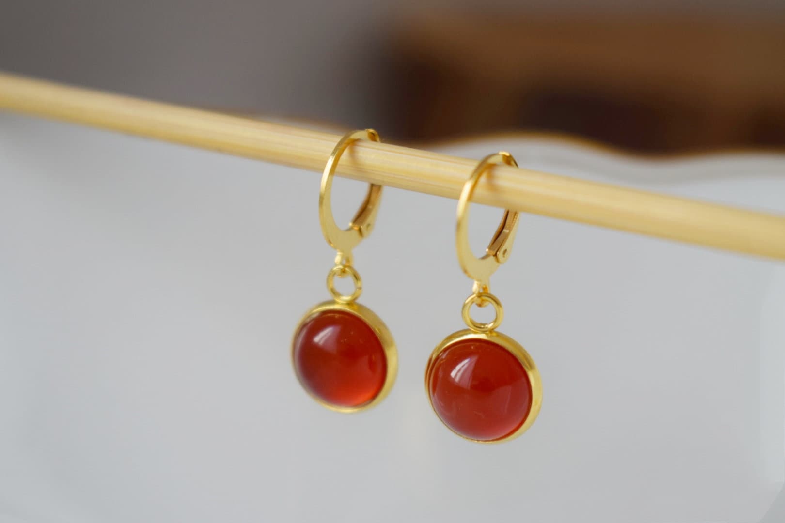 Red Agate Dangle Earrings, 24k Gold Plated Huggie Hoops