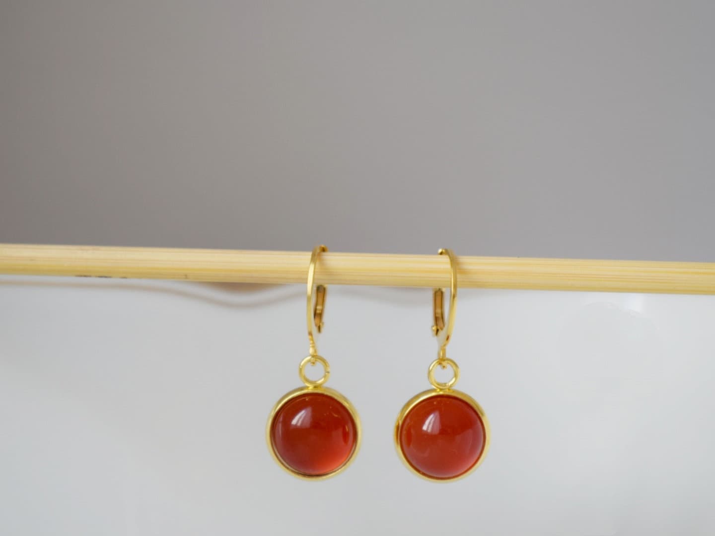 Red Agate Dangle Earrings, 24k Gold Plated Huggie Hoops