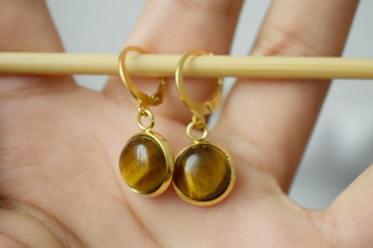 Tiger eye dangle earrings golden, Huggie gemstone hoops, Brown natural stone, Tiger's eye, Round, Lever back, 10mm, Jewelry gift for her